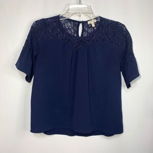 Monteau Women's Lace Shoulder Keyhole Short Sleeve Blouse Blue Size Small